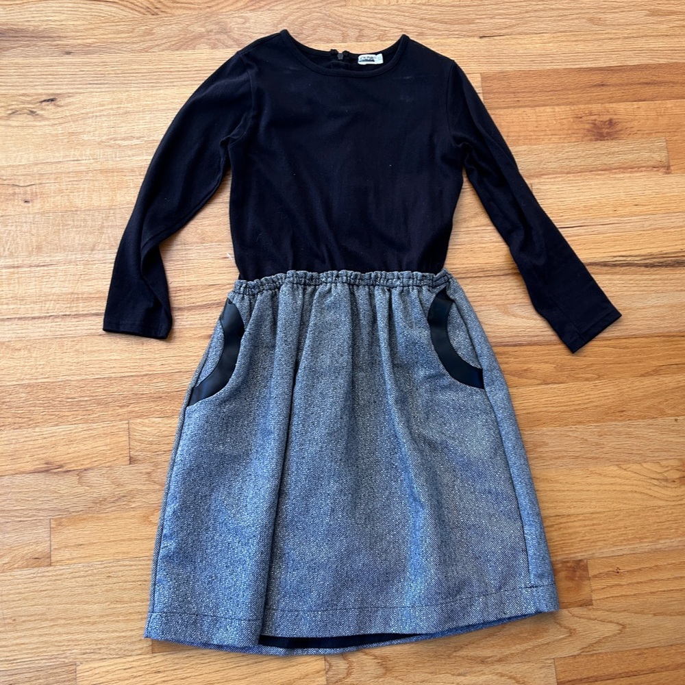 Girls Black Top with Gray Skirt Elastic-Waist Dress